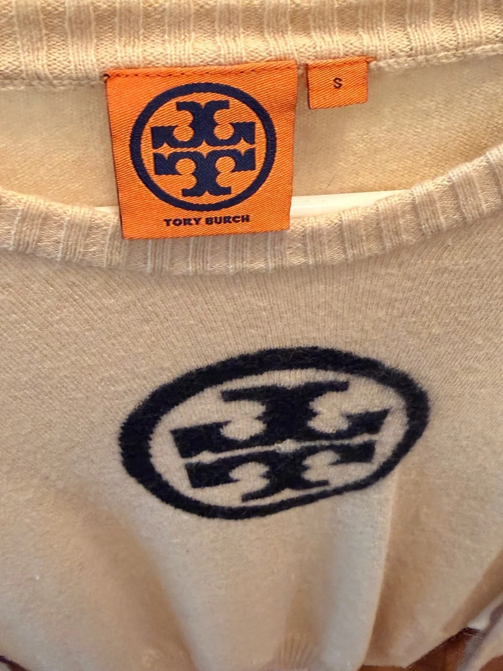 Tory Burch Cream Crewneck Sweater with Navy Logo
